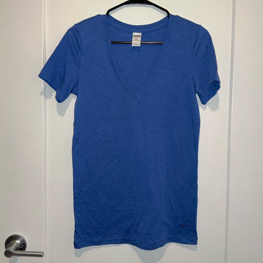 PINK Victoria Secret V Neck Short Sleeve Capri Blue Top • Size Small